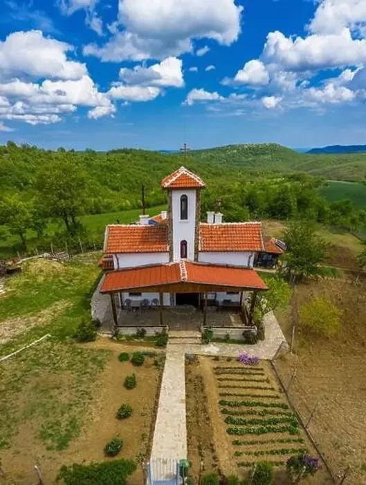 Framed Print : Aerial view of drone to a small chapel in the forest Framed Print : Aerial view of drone to a small chapel in the forest