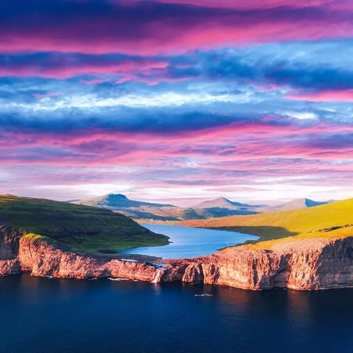 Framed Print : Aerial view from drone of Sorvagsvatn lake on cliffs of Vagar island in sunset time, Faroe Islands, Denmark. Landscape photography Framed Print : Aerial view from drone of Sorvagsvatn lake on cliffs of Vagar island in sunset time, Faroe Islands, Denmark. Landscape photography