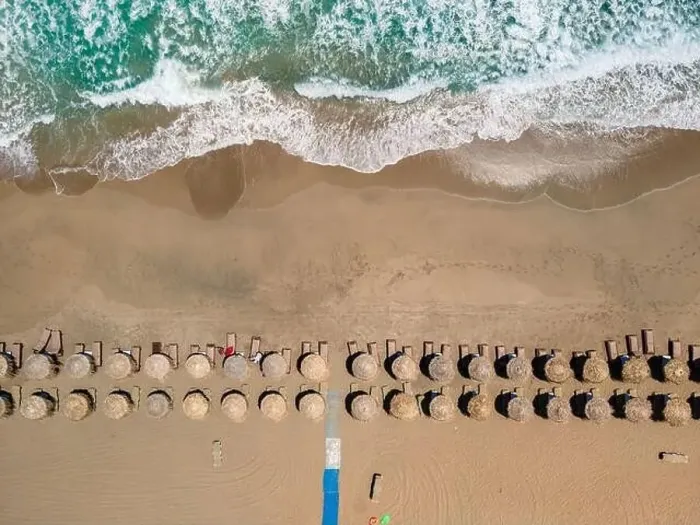 Framed Print : Aerial top view by drone of tropical Falasarna beach on Crete, Greece Framed Print : Aerial top view by drone of tropical Falasarna beach on Crete, Greece