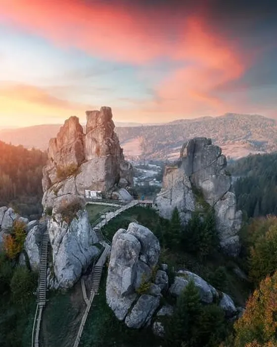 Framed Print : Aerial view from drone to Tustan fortress - archeological and natural monument of national significance in Urych village in autumn time, Ukraine Framed Print : Aerial view from drone to Tustan fortress - archeological and natural monument of national significance in Urych village in autumn time, Ukraine