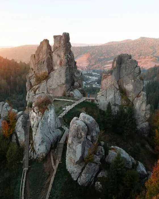 Framed Print : Aerial view from drone to Tustan fortress - archeological and natural monument of national significance in Urych village in autumn time, Ukraine Framed Print : Aerial view from drone to Tustan fortress - archeological and natural monument of national significance in Urych village in autumn time, Ukraine