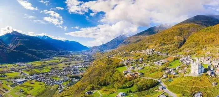 Framed Print : Aerial view by drone of Valtellina in autumn, Lombardy, Italy, Europe Framed Print : Aerial view by drone of Valtellina in autumn, Lombardy, Italy, Europe