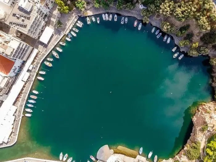 Framed Print : Aerial top view by drone of Voulismeni Lake in Agios Nikolaos city. Greece, Crete Framed Print : Aerial top view by drone of Voulismeni Lake in Agios Nikolaos city. Greece, Crete