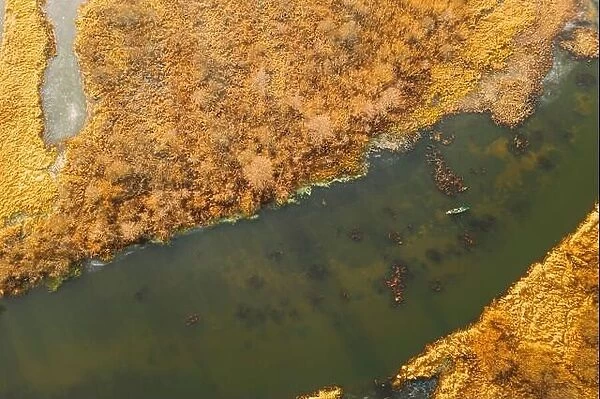 Aerial View Of Dry Grass On Coast And Partly Frozen River Landscape In Late Autumn Day. High Attitude View. Marsh Bog. Drone View. Bird's Eye View