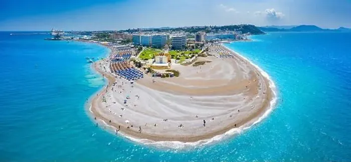 Framed Print : Aerial view of Elli beach on Rhodes island, Dodecanese, Greece, Europe Framed Print : Aerial view of Elli beach on Rhodes island, Dodecanese, Greece, Europe