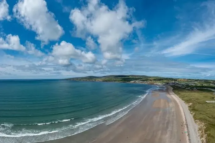 Framed Print : Aerial view of the endless golden sand beach in Ballybunion on the west coast of Ireland Framed Print : Aerial view of the endless golden sand beach in Ballybunion on the west coast of Ireland