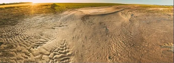 Framed Print : Aerial View Of Eroded Soil, Soil On Field After Flooding Or Heavy Rains. Panorama. Panoramic View