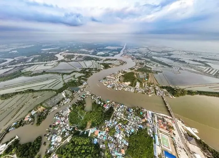 Framed Print : Aerial view of an estuary near Wat Pak Ao, Phetchaburi, Thailand
