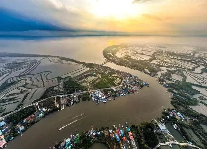 Framed Print : Aerial view of an estuary near Wat Pak Ao, Phetchaburi, Thailand