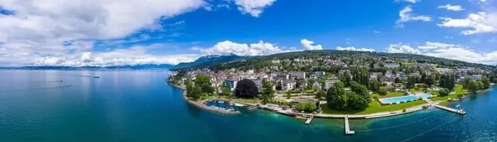 Framed Print : Aerial view of Evian (Evian-Les-Bains) city in Haute-Savoie in France Framed Print : Aerial view of Evian (Evian-Les-Bains) city in Haute-Savoie in France