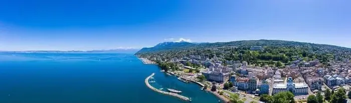 Framed Print : Aerial view of Evian (Evian-Les-Bains) city in Haute-Savoie in France Framed Print : Aerial view of Evian (Evian-Les-Bains) city in Haute-Savoie in France