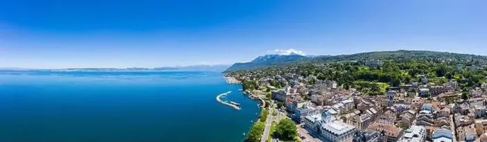 Framed Print : Aerial view of Evian (Evian-Les-Bains) city in Haute-Savoie in France Framed Print : Aerial view of Evian (Evian-Les-Bains) city in Haute-Savoie in France