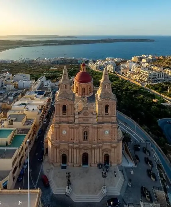 Framed Print : Aerial view of famous old Mellieha Parish Church or Birth of Our Lady. Malta country Framed Print : Aerial view of famous old Mellieha Parish Church or Birth of Our Lady. Malta country