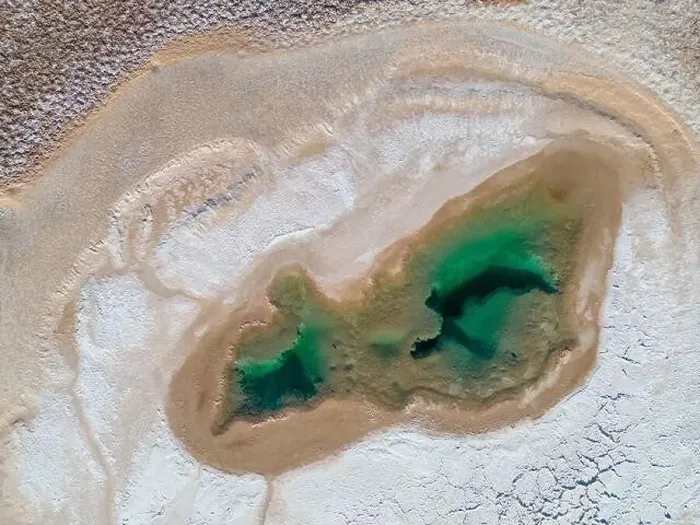 Framed Print : Aerial view of the famous tourist attraction Ojos del Mar near Tolar Grande in the Argentinian highlands called Puna in