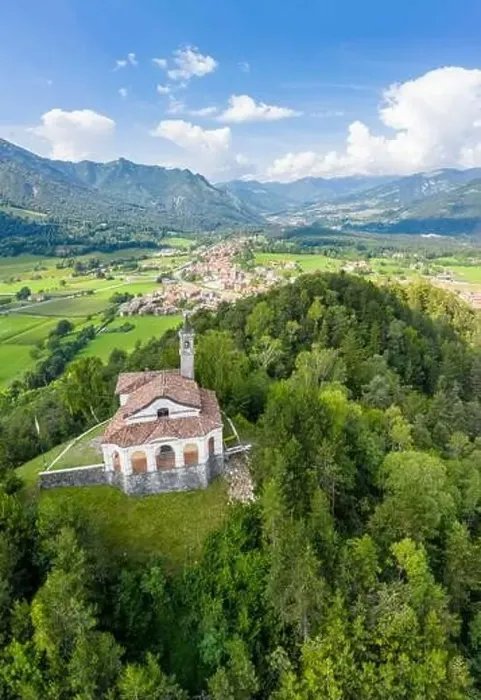 Framed Print : Aerial view of the fields surrounding the small church of Chiesa della Santissima Trinità in Clusone city Framed Print : Aerial view of the fields surrounding the small church of Chiesa della Santissima Trinità in Clusone city