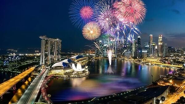Aerial view of Fireworks celebration over Marina bay in Singapore. New year day 2018 or National day celebration at Singapore. Asia