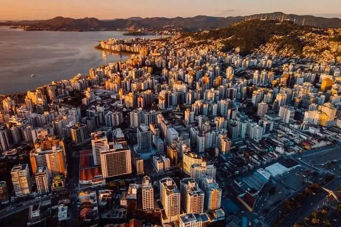 Framed Print : Aerial view of Florianopolis downtown. Urban view of architectural landscape at sunset Framed Print : Aerial view of Florianopolis downtown. Urban view of architectural landscape at sunset