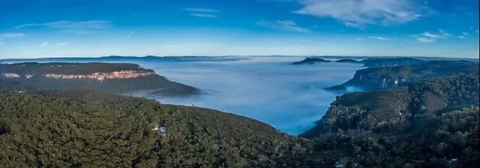 Framed Print : Aerial view of fog in Megalong Valley near Blackheath in The Blue Mountains in regional New South Wales in Australia Framed Print : Aerial view of fog in Megalong Valley near Blackheath in The Blue Mountains in regional New South Wales in Australia