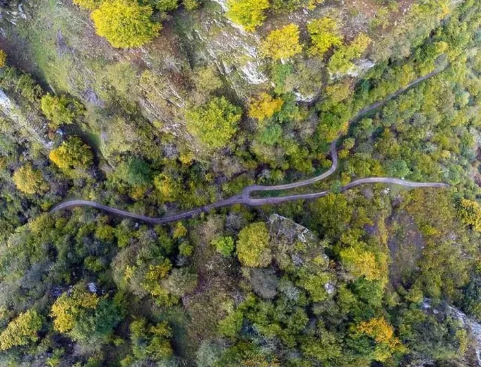Framed Print : Aerial view forest in autumn on the path of Las Foces del Raigosu in the Asturian council of Laviana, Spain Framed Print : Aerial view forest in autumn on the path of Las Foces del Raigosu in the Asturian council of Laviana, Spain