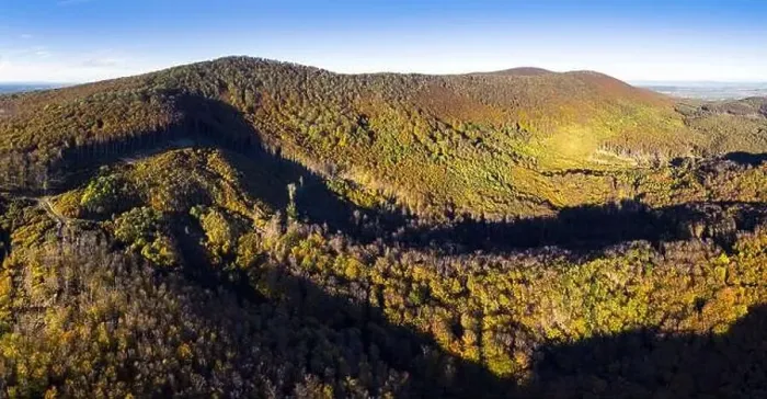Framed Print : Aerial view of forest with red trees on mountain in fall in Slovakia Framed Print : Aerial view of forest with red trees on mountain in fall in Slovakia