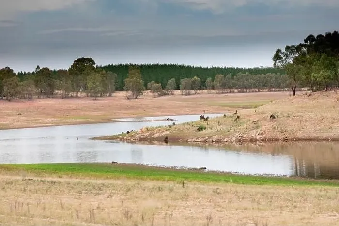 Framed Print : Aerial view of a fresh water reservoir in rural Australia which is reducing due to the extreme drought Framed Print : Aerial view of a fresh water reservoir in rural Australia which is reducing due to the extreme drought