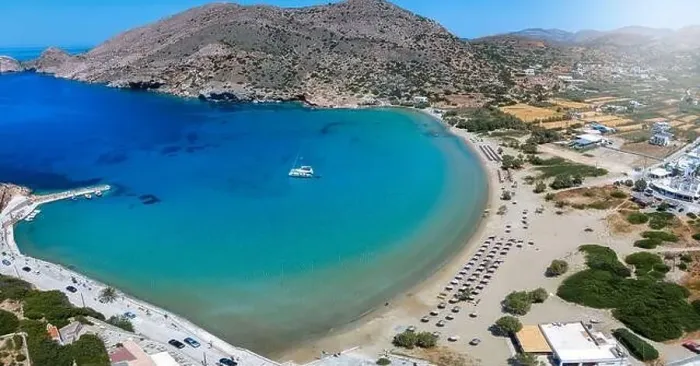 Framed Print : Aerial view of Galissas beach at the west coast of Syros island Framed Print : Aerial view of Galissas beach at the west coast of Syros island