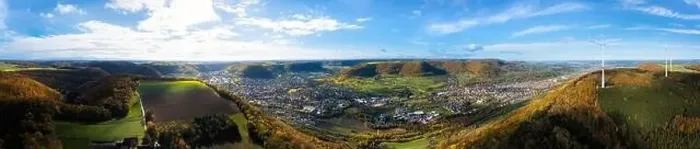 Framed Print : Aerial view of Geislingen in front of mountain landscape of Swabian Alb Framed Print : Aerial view of Geislingen in front of mountain landscape of Swabian Alb