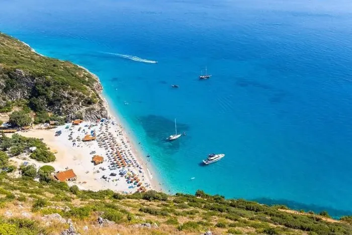 Framed Print : Aerial view of Gjipe beach on the Adriatic coast - white sand Framed Print : Aerial view of Gjipe beach on the Adriatic coast - white sand