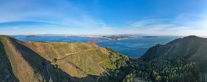 Framed Print : Aerial view Golden Gate Bridge with San francisco city in the background Framed Print : Aerial view Golden Gate Bridge with San francisco city in the background