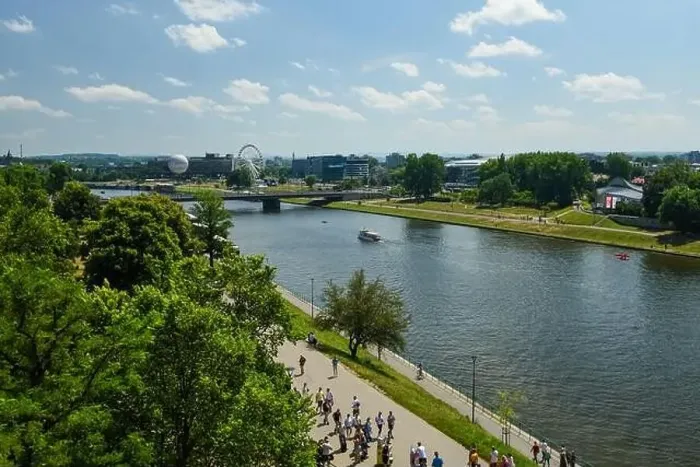 Framed Print : aerial view from great height on wide river and huge bridge of old city Krakow, Poland. 26 july, 2022