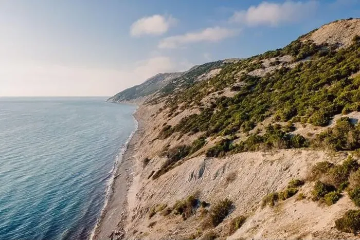 Framed Print : Aerial view of Greece coastline with sea and cliff with evergreen trees Framed Print : Aerial view of Greece coastline with sea and cliff with evergreen trees