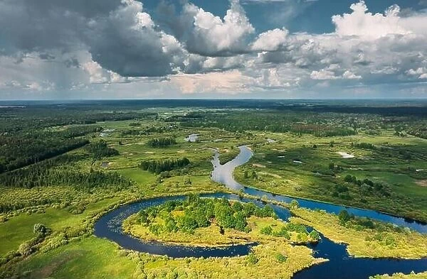 Aerial View Of Green Forest, Meadow And River Landscape In Summer Day. Top View Of European Nature From High Attitude In Summer Day. Bird's Eye View