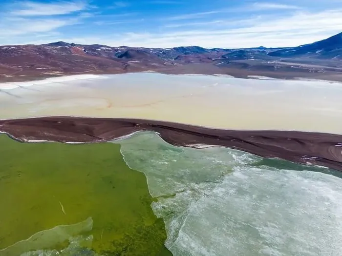 Framed Print : Aerial view of the green and partly frozen Laguna del Negro Francisco in the Atacama desert in Chile - Traveling Framed Print : Aerial view of the green and partly frozen Laguna del Negro Francisco in the Atacama desert in Chile - Traveling