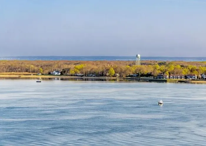 Framed Print : aerial view of a greenport shoreline Framed Print : aerial view of a greenport shoreline