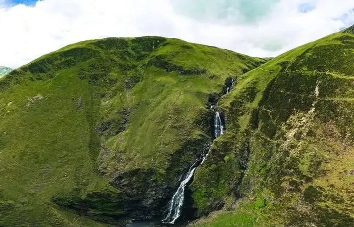Framed Print : Aerial view of The Grey Mare's Tail, a waterfall near Moffat, Scotland Framed Print : Aerial view of The Grey Mare's Tail, a waterfall near Moffat, Scotland