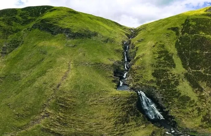 Framed Print : Aerial view of The Grey Mare's Tail, a waterfall near Moffat, Scotland Framed Print : Aerial view of The Grey Mare's Tail, a waterfall near Moffat, Scotland