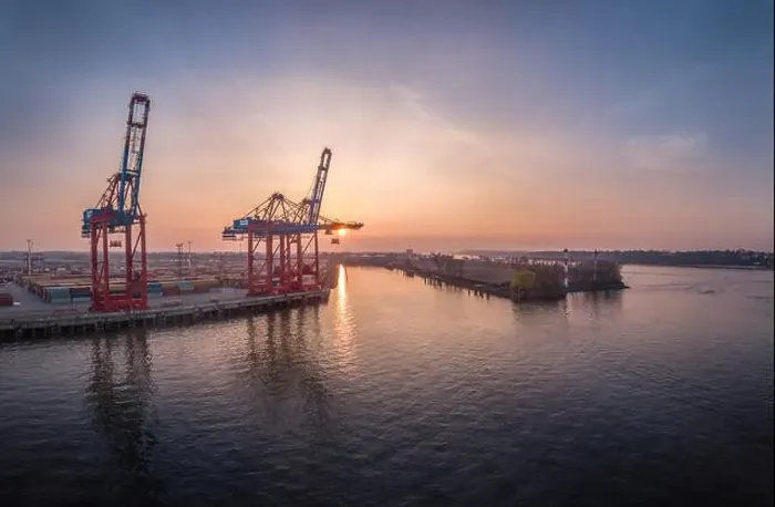 Framed Print : Aerial view of a harbour basin in the harbour of Hamburg at sunset Framed Print : Aerial view of a harbour basin in the harbour of Hamburg at sunset