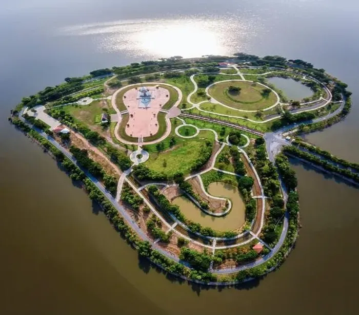 Framed Print : Aerial top view of Heart shaped island (The Holy Heart Land Talayluang) at daytime in Thung Talayluang in Sukhothai Framed Print : Aerial top view of Heart shaped island (The Holy Heart Land Talayluang) at daytime in Thung Talayluang in Sukhothai