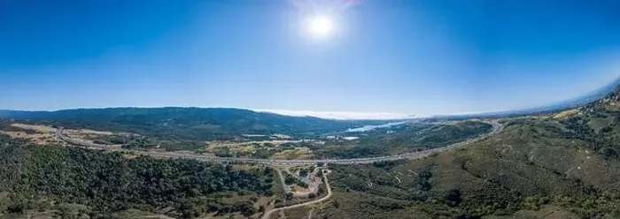 Framed Print : Aerial view of highway 280 early morning traffic surrounded by mountains vista point Framed Print : Aerial view of highway 280 early morning traffic surrounded by mountains vista point