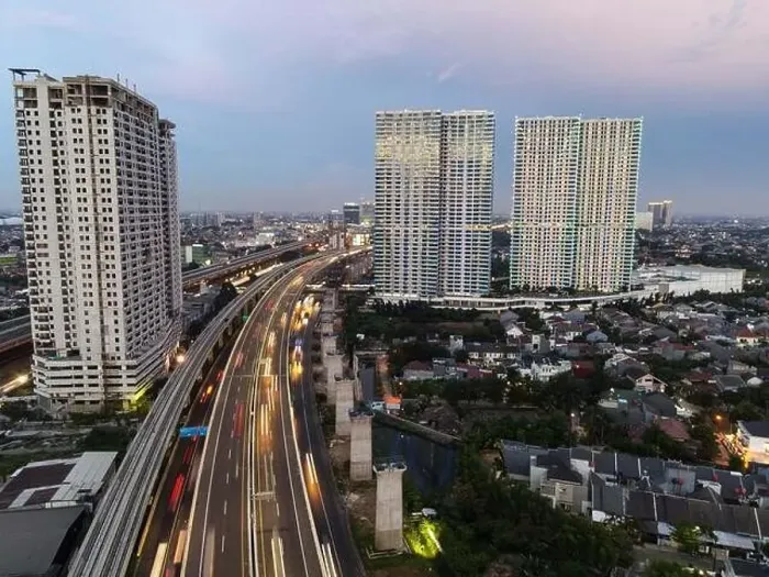 Framed Print : Aerial view of highway intersection and buildings in the city of Bekasi and noise cloud with Bekasi cityscape Framed Print : Aerial view of highway intersection and buildings in the city of Bekasi and noise cloud with Bekasi cityscape