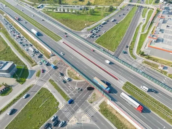 Framed Print : Aerial top view of highway junction interchange road