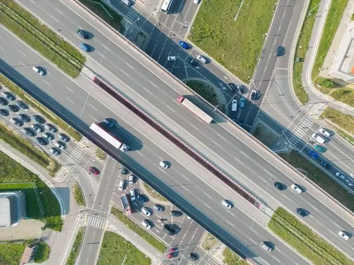Framed Print : Aerial top view of highway junction interchange road Framed Print : Aerial top view of highway junction interchange road