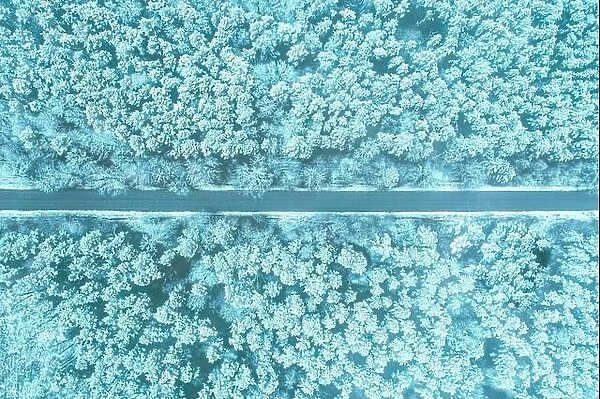 Aerial view of highway road through snow blue forest landscape in winter. Toned photo. Top view flat view of highway motorway freeway from high