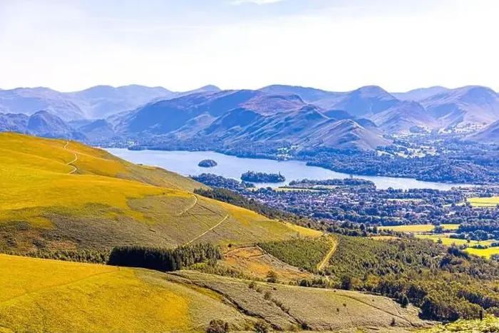 Framed Print : Aerial view of hills around Keswick in Lake District, a region and national park in Cumbria in northwest England, UK