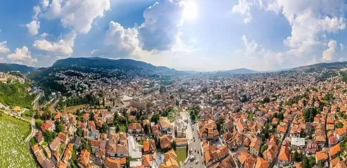 Framed Print : Aerial view to historic city center, Bascarsija old bazaar streets Sarajevo, Bosnia