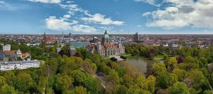 Framed Print : Aerial view of historic new town hall of Hanover and city centre in the background, Germany Framed Print : Aerial view of historic new town hall of Hanover and city centre in the background, Germany