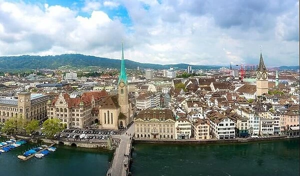 Aerial view of historic Zurich city with Fraumunster Church and river Limmat in Zurich, Switzerland