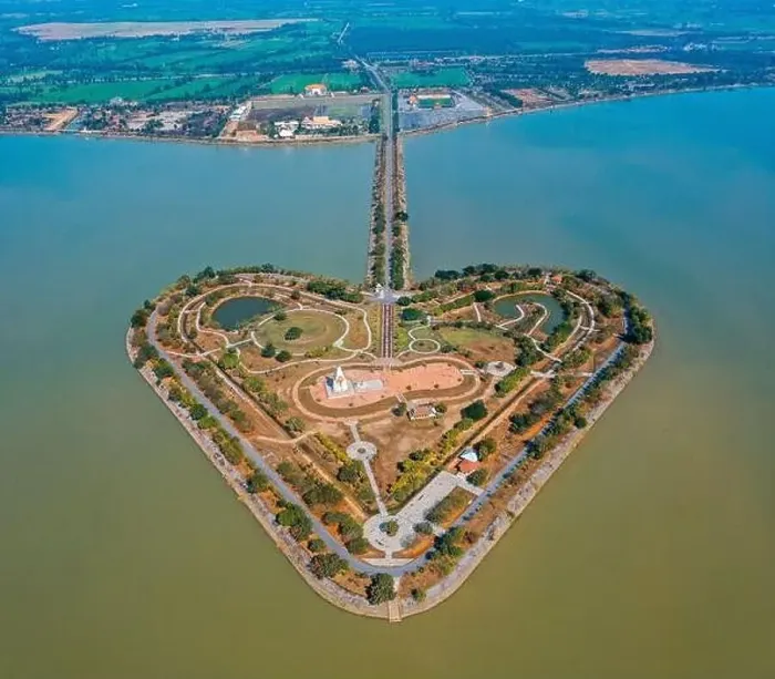 Framed Print : Aerial view of the holy heart land, a heart shape island in Thung Talay Luang, Mueang District, Sukhothai Framed Print : Aerial view of the holy heart land, a heart shape island in Thung Talay Luang, Mueang District, Sukhothai