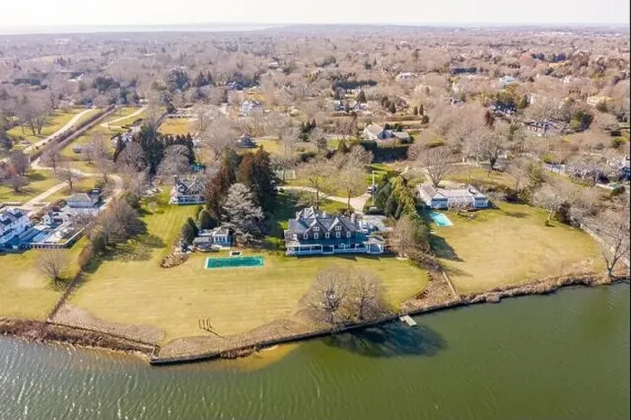 Framed Print : Aerial view of homes on lake agawam, Southampton, NY