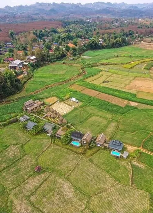 Framed Print : Aerial view of Houses in the middle of rice fields in Nan province, Thailand